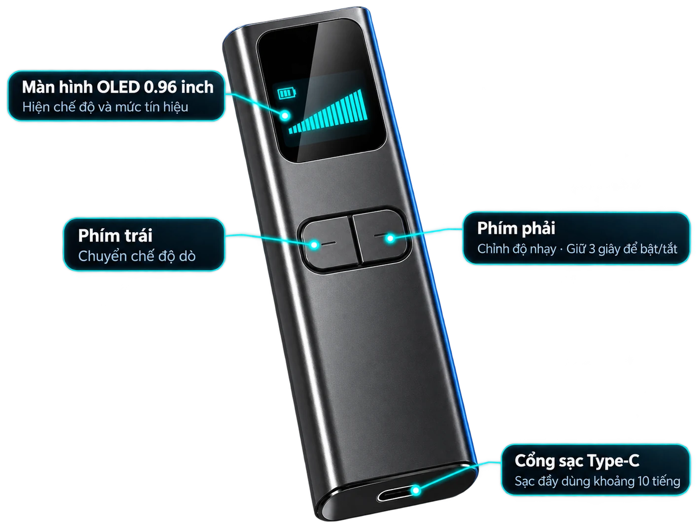Chi tiết máy dò D2 Pro: màn hình OLED 0.96 inch hiện chế độ và mức tín hiệu, phím trái chuyển chế độ dò, phím phải chỉnh độ nhạy và giữ 3 giây để bật tắt, cổng sạc Type-C dùng khoảng 10 tiếng