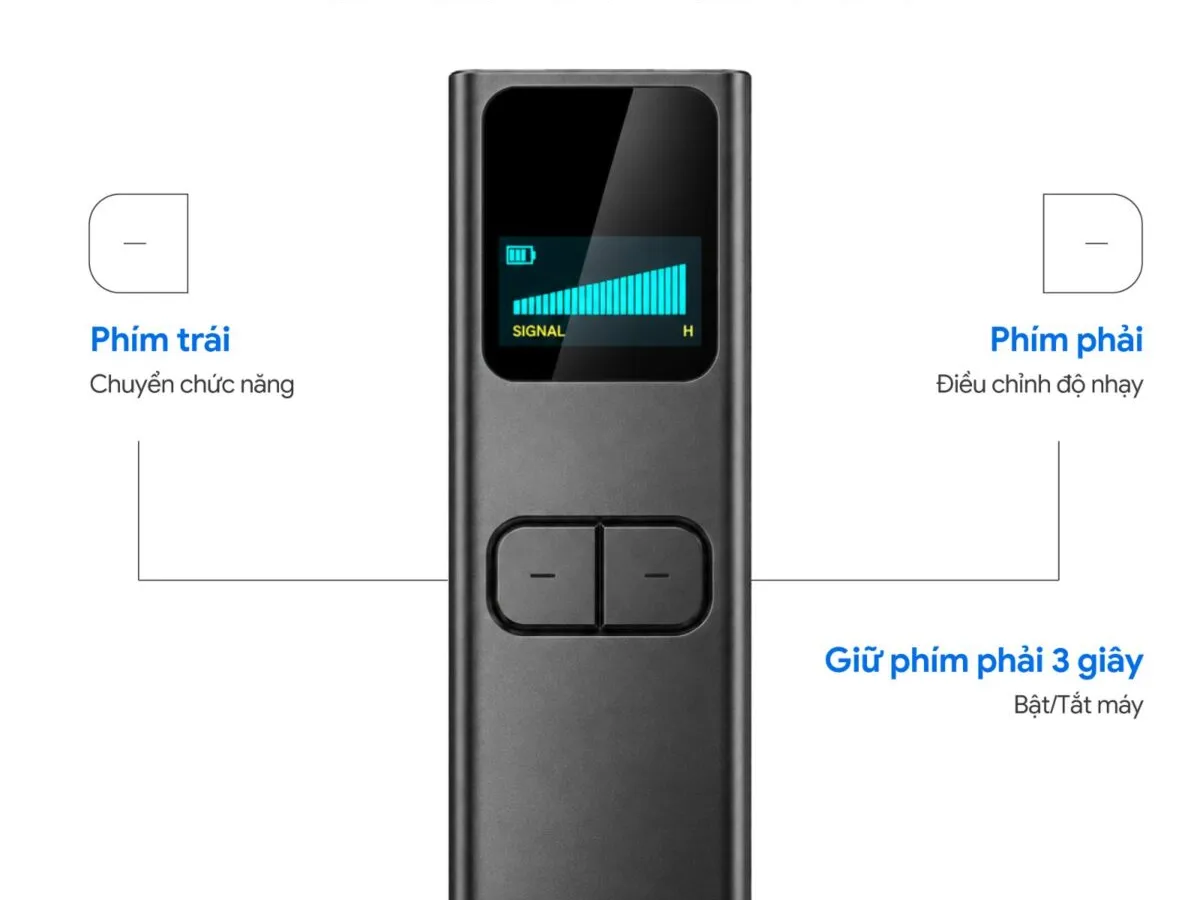 Hai phím điều khiển của D2 Pro: phím trái chuyển chức năng, phím phải điều chỉnh độ nhạy, giữ phím phải 3 giây để bật tắt